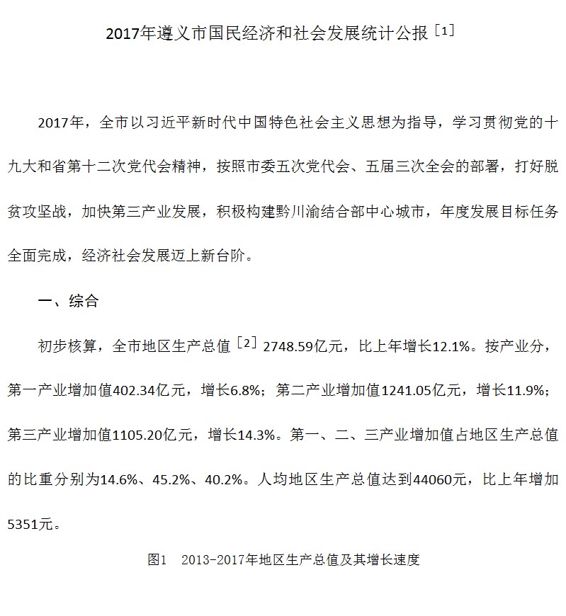 遵义市2017年国民经济和社会发展统计公报