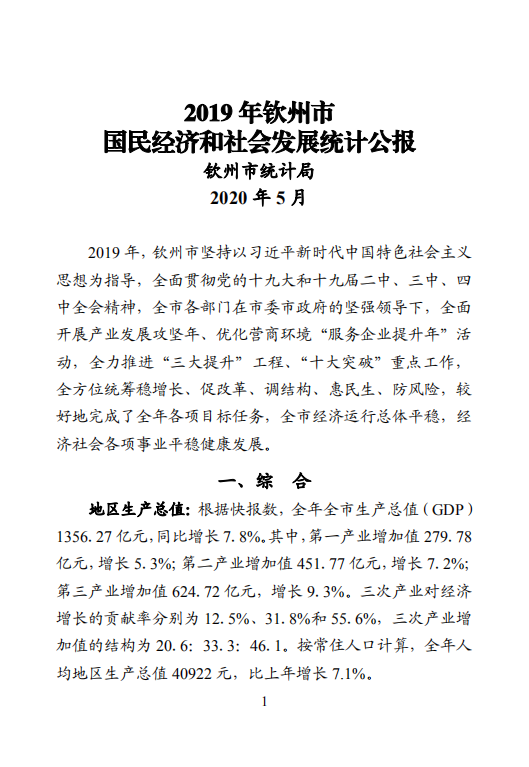 钦州市2019年国民经济和社会发展统计公报